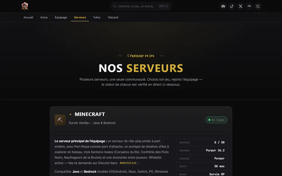 Page d'accueil du site Game of Pirates réalisé par NYNDRA